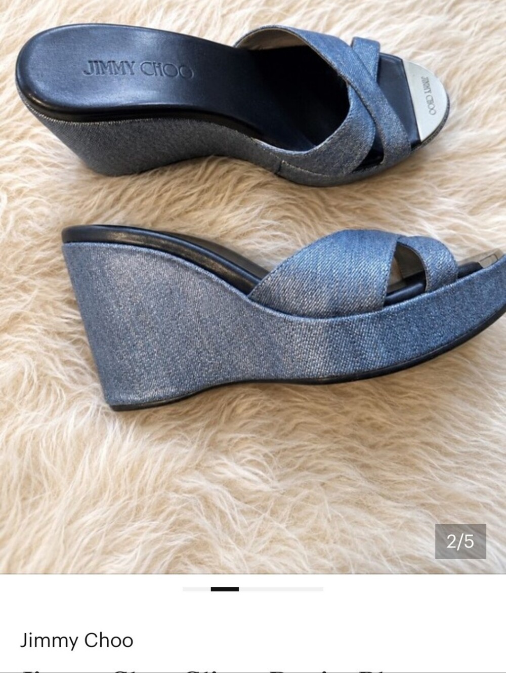 Jimmy Choo Metallic Denim Blue Crisscross Slide Mules 38 - Picture 7 of 7